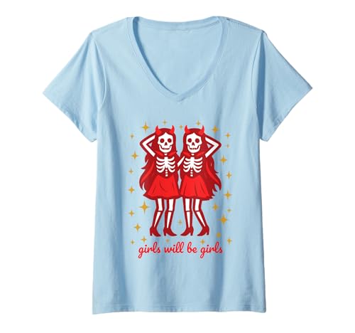 Damen Geisterzwillinge gruselige Teufelsmädchen Halloween T-Shirt mit V-Ausschnitt von Funny Halloween Hauntings for Spooky Witchy Girls