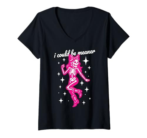 Damen Halloween Rosa kokettes Geistermädchen Totenkopf Skelett T-Shirt mit V-Ausschnitt von Funny Halloween Hauntings for Spooky Witchy Girls
