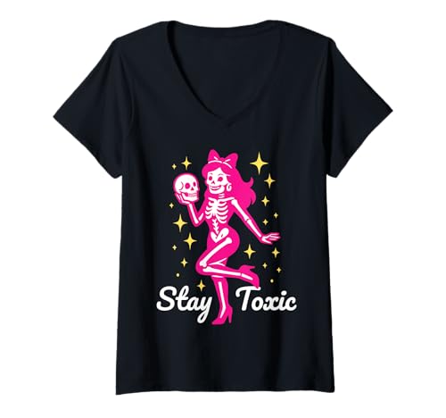 Damen Halloween Rosa kokettes Geistermädchen Totenkopf Skelett T-Shirt mit V-Ausschnitt von Funny Halloween Hauntings for Spooky Witchy Girls