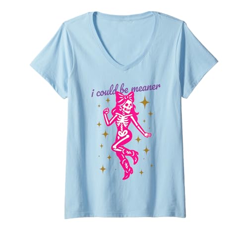Damen Halloween Rosa kokettes Geistermädchen Totenkopf Skelett T-Shirt mit V-Ausschnitt von Funny Halloween Hauntings for Spooky Witchy Girls