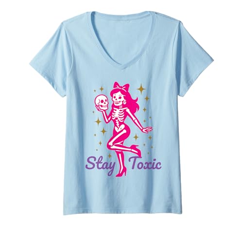 Damen Halloween Rosa kokettes Geistermädchen Totenkopf Skelett T-Shirt mit V-Ausschnitt von Funny Halloween Hauntings for Spooky Witchy Girls