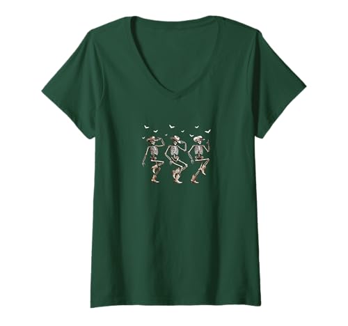 Damen Halloween Dance, Tanzen Western Cowboy Skelette mit Fledermäusen T-Shirt mit V-Ausschnitt von Funny Halloween Holiday Is Coming