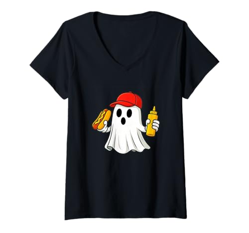 Damen Hotdog Halloween Ghost Chef Foodie Halloween Hotdog Delivery T-Shirt mit V-Ausschnitt Damen Hotdog Halloween Ghost Chef Foodie Halloween Hotdog Delivery T-Shirt mit V-Ausschnitt von Funny Halloween Hotdog Novelty Tops ...