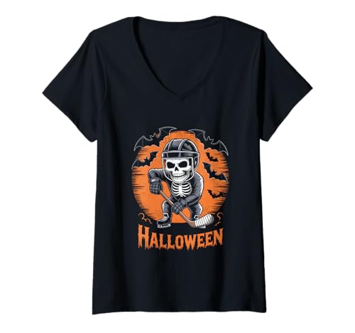 Damen Eishockey Skelett Halloween T-Shirt mit V-Ausschnitt von Funny Halloween Ice Hockey Costume