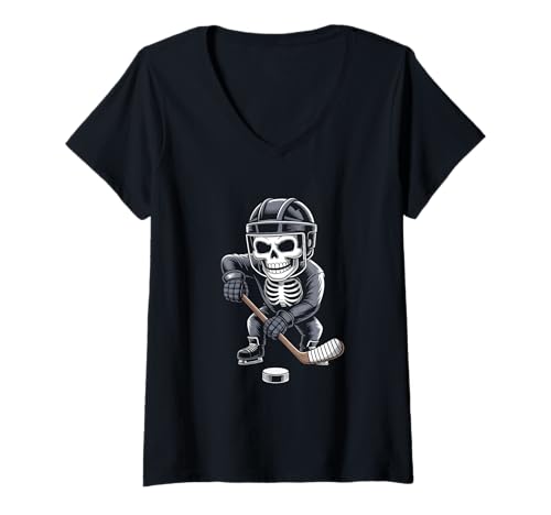 Damen Halloween Skelett Eishockey T-Shirt mit V-Ausschnitt von Funny Halloween Ice Hockey Costume