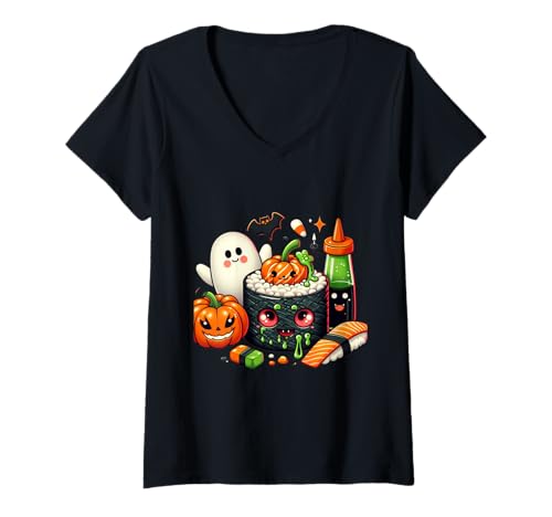 Damen Gruseliges Sushi Halloween Essen Kawaii Kürbis T-Shirt mit V-Ausschnitt Damen Gruseliges Sushi Halloween Essen Kawaii Kürbis T-Shirt mit V-Ausschnitt von Funny Halloween Kawaii Sushi Pumpkin Costume