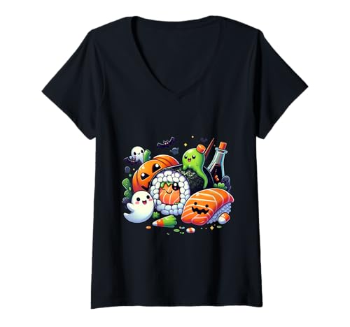 Damen Gruseliges Sushi Halloween Essen Kawaii Kürbis T-Shirt mit V-Ausschnitt Damen Gruseliges Sushi Halloween Essen Kawaii Kürbis T-Shirt mit V-Ausschnitt von Funny Halloween Kawaii Sushi Pumpkin Costume