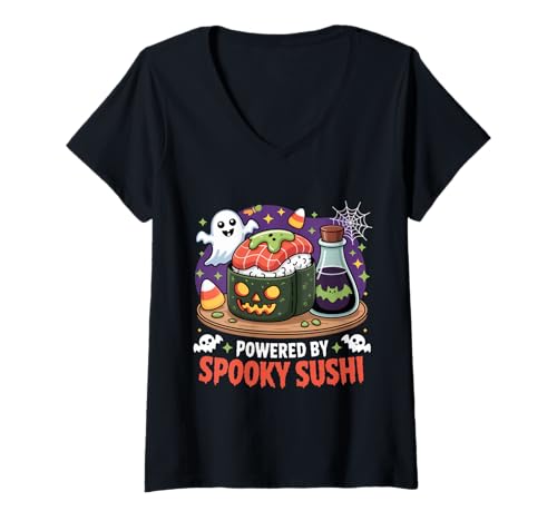Damen Powered by Spooky Sushi Halloween Food T-Shirt mit V-Ausschnitt Damen Powered by Spooky Sushi Halloween Food T-Shirt mit V-Ausschnitt von Funny Halloween Kawaii Sushi Pumpkin Costume