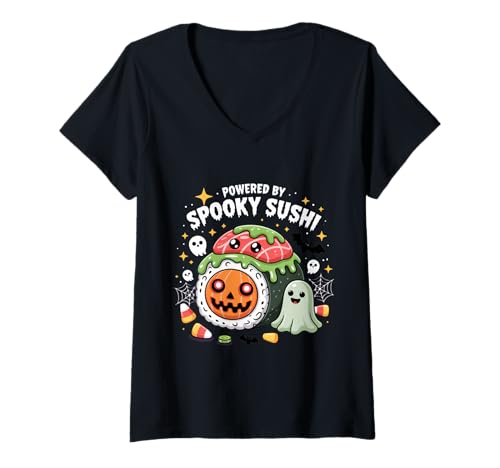 Damen Powered by Spooky Sushi Halloween Food T-Shirt mit V-Ausschnitt Damen Powered by Spooky Sushi Halloween Food T-Shirt mit V-Ausschnitt von Funny Halloween Kawaii Sushi Pumpkin Costume