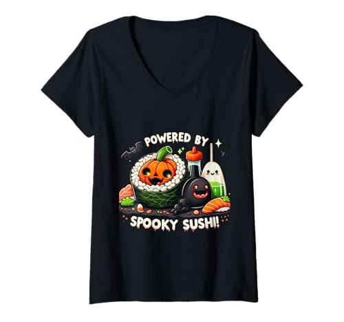 Damen Powered by Spooky Sushi Halloween Food T-Shirt mit V-Ausschnitt Damen Powered by Spooky Sushi Halloween Food T-Shirt mit V-Ausschnitt von Funny Halloween Kawaii Sushi Pumpkin Costume