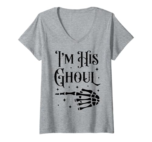 Damen I'm Her Boo I'm His Ghoul Halloween Couple Matching Skelett T-Shirt mit V-Ausschnitt von Funny Halloween Matching Couple Costumes Women Men