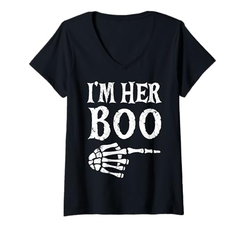 Damen I'm Her Boo I'm His Ghoul Halloween Couple Matching Skelett T-Shirt mit V-Ausschnitt von Funny Halloween Matching Couple Costumes Women Men