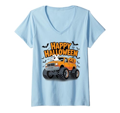 Damen Niedlicher Monster Truck Geist Kürbis Lustig Halloween Party Jungen T-Shirt mit V-Ausschnitt Damen Niedlicher Monster Truck Geist Kürbis Lustig Halloween Party Jungen T-Shirt mit V-Ausschnitt von Funny Halloween Monster Truck Toddler Gifts