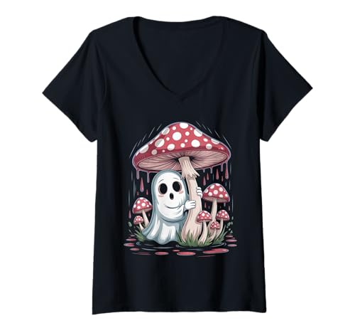 Damen Niedlicher Geist gruselig und Pilz Cottagecore Lustiges Halloween T-Shirt mit V-Ausschnitt Damen Niedlicher Geist gruselig und Pilz Cottagecore Lustiges Halloween T-Shirt mit V-Ausschnitt von Funny Halloween Mushroom Costume Gifts Idea