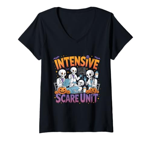 Damen Halloween Intensivpflege Scare Unit Skelett Krankenschwester ICU T-Shirt mit V-Ausschnitt Damen Halloween Intensivpflege Scare Unit Skelett Krankenschwester ICU T-Shirt mit V-Ausschnitt von Funny Halloween Nurse ICU Nursing Costume
