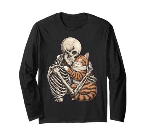 Skelett Umarmung Katze Halloween Niedlich Liebhaber Männer Frauen Langarmshirt von Funny Halloween Outfit Costumes Skeleton Cat Bow