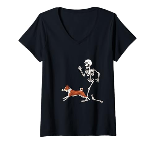 Damen Funny Halloween Basenji and Skeleton T-Shirt mit V-Ausschnitt von Funny Halloween Party Dog Designs