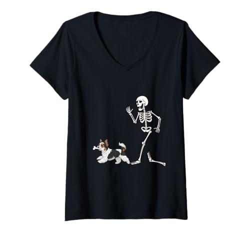 Damen Funny Halloween Biewer Terrier and Skeleton T-Shirt mit V-Ausschnitt Damen Funny Halloween Biewer Terrier and Skeleton T-Shirt mit V-Ausschnitt von Funny Halloween Party Dog Designs