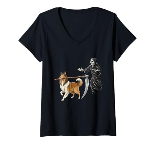 Damen Funny Halloween Collie Dog and The Reaper T-Shirt mit V-Ausschnitt Damen Funny Halloween Collie Dog and The Reaper T-Shirt mit V-Ausschnitt von Funny Halloween Party Dog Designs