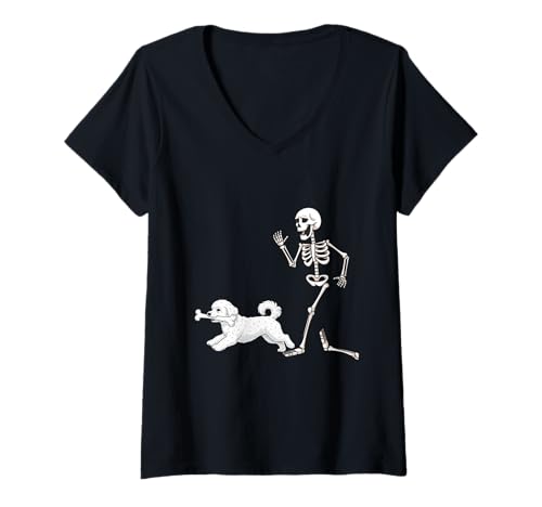 Damen Funny Halloween Coton de Tulear and Skeleton T-Shirt mit V-Ausschnitt Damen Funny Halloween Coton de Tulear and Skeleton T-Shirt mit V-Ausschnitt von Funny Halloween Party Dog Designs