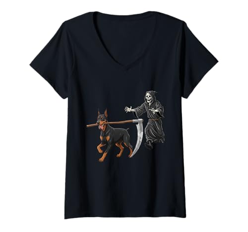 Damen Funny Halloween Doberman Dog and The Reaper T-Shirt mit V-Ausschnitt Damen Funny Halloween Doberman Dog and The Reaper T-Shirt mit V-Ausschnitt von Funny Halloween Party Dog Designs