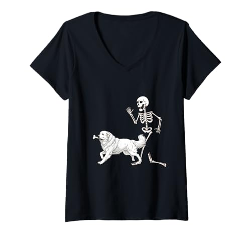 Damen Funny Halloween Great Pyrenees and Skeleton T-Shirt mit V-Ausschnitt von Funny Halloween Party Dog Designs