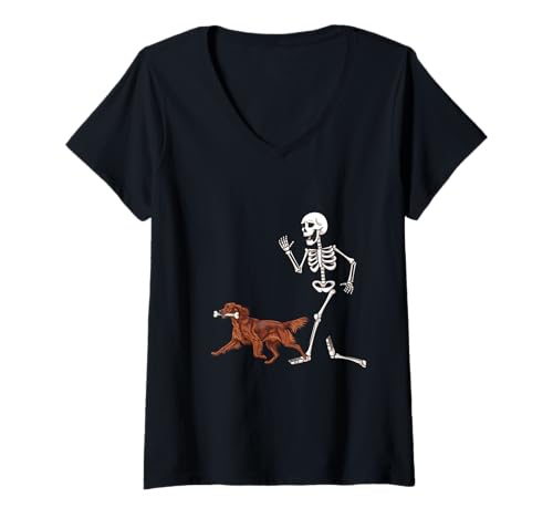 Damen Funny Halloween Irish Setter and Skeleton T-Shirt mit V-Ausschnitt Damen Funny Halloween Irish Setter and Skeleton T-Shirt mit V-Ausschnitt von Funny Halloween Party Dog Designs