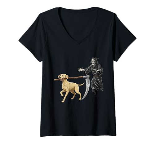 Damen Funny Halloween Labrador Dog and The Reaper T-Shirt mit V-Ausschnitt Damen Funny Halloween Labrador Dog and The Reaper T-Shirt mit V-Ausschnitt von Funny Halloween Party Dog Designs