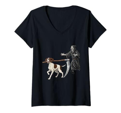 Damen Funny Halloween Pointer Dog and The Reaper T-Shirt mit V-Ausschnitt von Funny Halloween Party Dog Designs