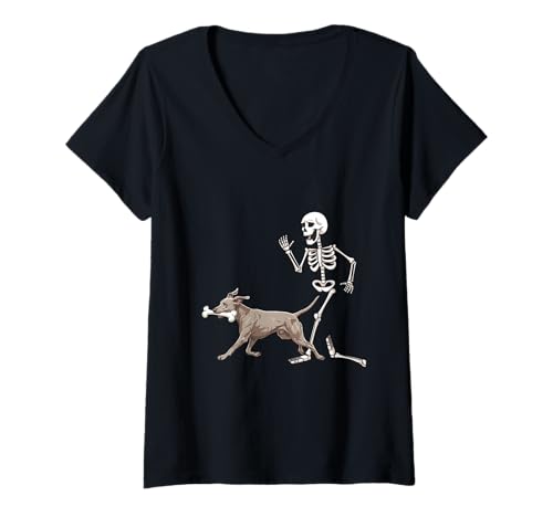 Damen Funny Halloween Weimaraner and Skeleton T-Shirt mit V-Ausschnitt Damen Funny Halloween Weimaraner and Skeleton T-Shirt mit V-Ausschnitt von Funny Halloween Party Dog Designs