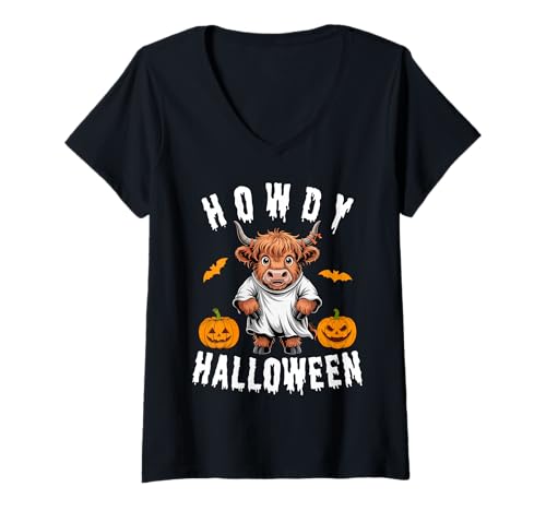 Damen Howdy Halloween Lustiges Hochlandkuh Gruselsaison Herren Damen T-Shirt mit V-Ausschnitt Damen Howdy Halloween Lustiges Hochlandkuh Gruselsaison Herren Damen T-Shirt mit V-Ausschnitt von Funny Halloween Party Pumpkin Trick or Treat Gift
