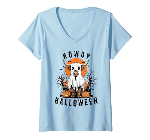 Damen Howdy Halloween Lustiges Hochlandkuh Gruselsaison Herren Damen T-Shirt mit V-Ausschnitt Damen Howdy Halloween Lustiges Hochlandkuh Gruselsaison Herren Damen T-Shirt mit V-Ausschnitt von Funny Halloween Party Pumpkin Trick or Treat Gift