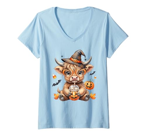 Damen Howdy Halloween Lustiges Hochlandkuh Gruselsaison Herren Damen T-Shirt mit V-Ausschnitt Damen Howdy Halloween Lustiges Hochlandkuh Gruselsaison Herren Damen T-Shirt mit V-Ausschnitt von Funny Halloween Party Pumpkin Trick or Treat Gift