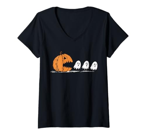 Damen Lustiger Halloween-Kürbis Essen Geist Gruselmann T-Shirt mit V-Ausschnitt Damen Lustiger Halloween-Kürbis Essen Geist Gruselmann T-Shirt mit V-Ausschnitt von Funny Halloween Party Spooky Ghost Tee