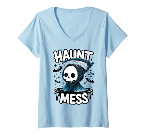 Damen Sensenmann Spuk-Chaos Halloween Design Geschenk Männer Frauen Kinder T-Shirt mit V-Ausschnitt Damen Sensenmann Spuk-Chaos Halloween Design Geschenk Männer Frauen Kinder T-Shirt mit V-Ausschnitt von Funny Halloween Party Spooky Season Ghost Graphic