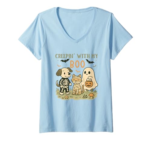 Damen Süßes Halloween-Thema Creepin' With My Boo T-Shirt mit V-Ausschnitt Damen Süßes Halloween-Thema Creepin' With My Boo T-Shirt mit V-Ausschnitt von Funny Halloween Pet Costume Humor