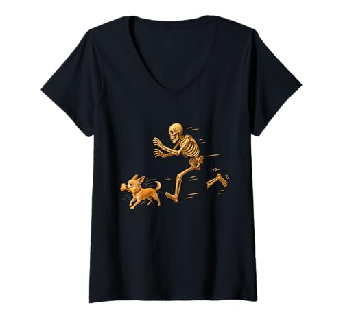 Damen Funny Chihuahua Halloween Steal Bone Skeleton Chase Spooky T-Shirt mit V-Ausschnitt Damen Funny Chihuahua Halloween Steal Bone Skeleton Chase Spooky T-Shirt mit V-Ausschnitt von Funny Halloween Pets Skeleton Chase Novelty Tops..