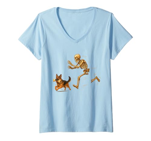 Damen Funny German Shepherd Halloween Steal Bone Skeleton Chase T-Shirt mit V-Ausschnitt von Funny Halloween Pets Skeleton Chase Novelty Tops..