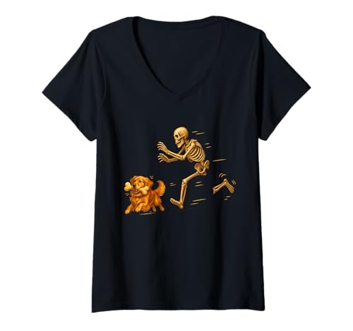 Damen Funny Golden Retriever Halloween Steal Bone Skeleton Chase T-Shirt mit V-Ausschnitt Damen Funny Golden Retriever Halloween Steal Bone Skeleton Chase T-Shirt mit V-Ausschnitt von Funny Halloween Pets Skeleton Chase Novelty Tops..