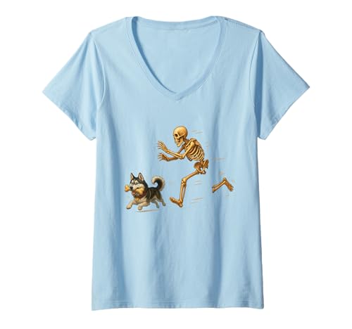 Damen Funny Husky Halloween Steal Bone Skeleton Chase Spooky Husky T-Shirt mit V-Ausschnitt Damen Funny Husky Halloween Steal Bone Skeleton Chase Spooky Husky T-Shirt mit V-Ausschnitt von Funny Halloween Pets Skeleton Chase Novelty Tops..