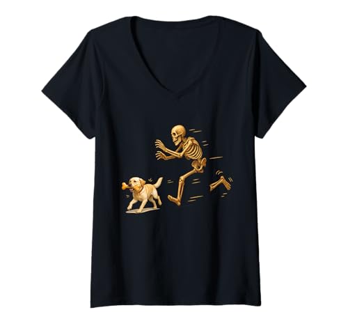Damen Funny Labrador Retriever Halloween Steal Bone Skeleton Chase T-Shirt mit V-Ausschnitt Damen Funny Labrador Retriever Halloween Steal Bone Skeleton Chase T-Shirt mit V-Ausschnitt von Funny Halloween Pets Skeleton Chase Novelty Tops..