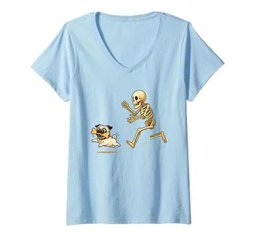 Damen Funny Pug Dog Halloween Steal Bone Skeleton Chase Spooky Pug T-Shirt mit V-Ausschnitt von Funny Halloween Pets Skeleton Chase Novelty Tops..