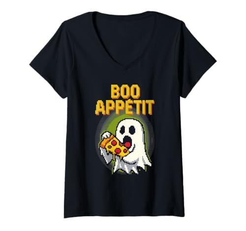Damen Boo Appétit Lustiges Pixel-Art-Ghost-Feinschmecker-Wortspiel für Halloween T-Shirt mit V-Ausschnitt Damen Boo Appétit Lustiges Pixel-Art-Ghost-Feinschmecker-Wortspiel für Halloween T-Shirt mit V-Ausschnitt von Funny Halloween Pixal Art Monsters DonaOnca
