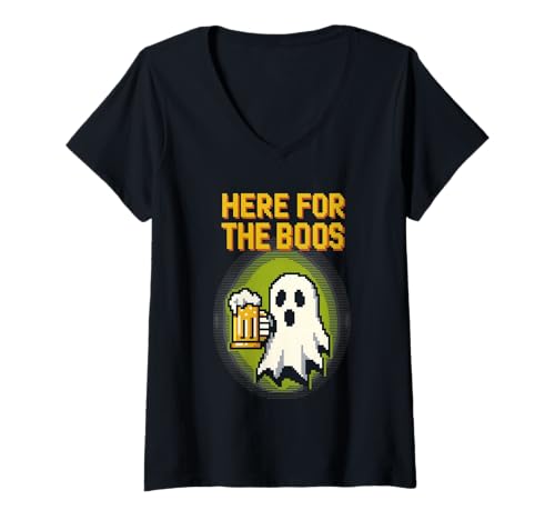 Damen Here for The Boos Funny Pixel Art Ghost Halloween T-Shirt mit V-Ausschnitt Damen Here for The Boos Funny Pixel Art Ghost Halloween T-Shirt mit V-Ausschnitt von Funny Halloween Pixal Art Monsters DonaOnca