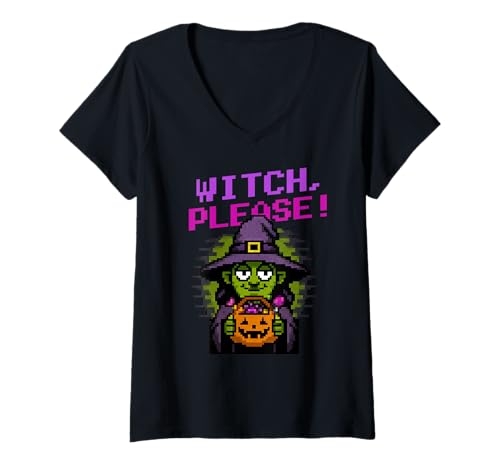 Damen Hexe, Bitte! Lustiges Pixel-Art-Hexen-Halloween T-Shirt mit V-Ausschnitt Damen Hexe, Bitte! Lustiges Pixel-Art-Hexen-Halloween T-Shirt mit V-Ausschnitt von Funny Halloween Pixal Art Monsters DonaOnca