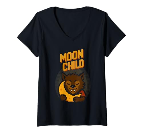 Damen Moon Child Funny Pixel Art Werwolf & Moon Halloween T-Shirt mit V-Ausschnitt Damen Moon Child Funny Pixel Art Werwolf & Moon Halloween T-Shirt mit V-Ausschnitt von Funny Halloween Pixal Art Monsters DonaOnca
