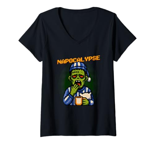 Damen Napocalypse Lustiges Pixelkunstwerk Sleepy Zombie Halloween T-Shirt mit V-Ausschnitt Damen Napocalypse Lustiges Pixelkunstwerk Sleepy Zombie Halloween T-Shirt mit V-Ausschnitt von Funny Halloween Pixal Art Monsters DonaOnca