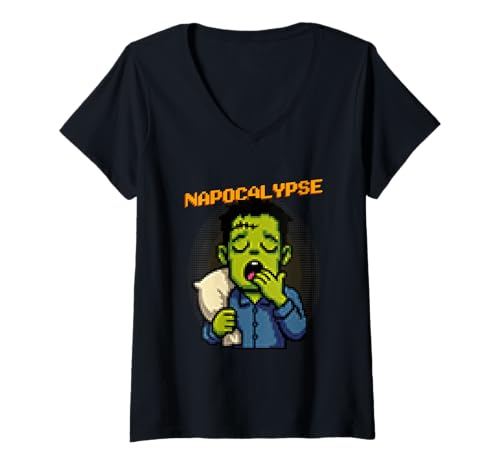 Damen Napocalypse Lustiges Pixelkunstwerk Sleepy Zombie Halloween T-Shirt mit V-Ausschnitt Damen Napocalypse Lustiges Pixelkunstwerk Sleepy Zombie Halloween T-Shirt mit V-Ausschnitt von Funny Halloween Pixal Art Monsters DonaOnca
