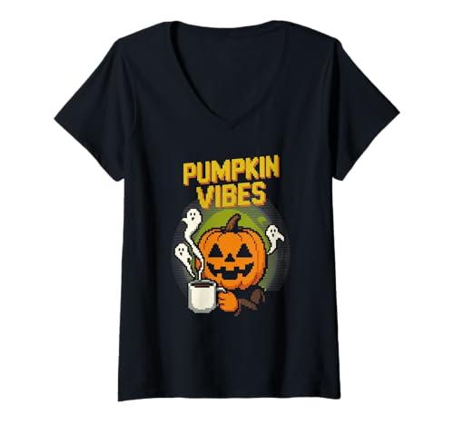 Damen Pumpkin Vibes Lustige Pixelkunst Jack O'Lantern Halloween T-Shirt mit V-Ausschnitt Damen Pumpkin Vibes Lustige Pixelkunst Jack O'Lantern Halloween T-Shirt mit V-Ausschnitt von Funny Halloween Pixal Art Monsters DonaOnca