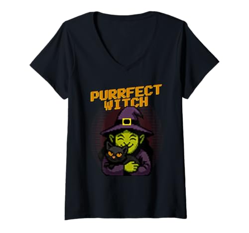 Damen Purrfect Witch Lustiges Pixelkunstwerk Hexe umarmt Katze Halloween T-Shirt mit V-Ausschnitt Damen Purrfect Witch Lustiges Pixelkunstwerk Hexe umarmt Katze Halloween T-Shirt mit V-Ausschnitt von Funny Halloween Pixal Art Monsters DonaOnca